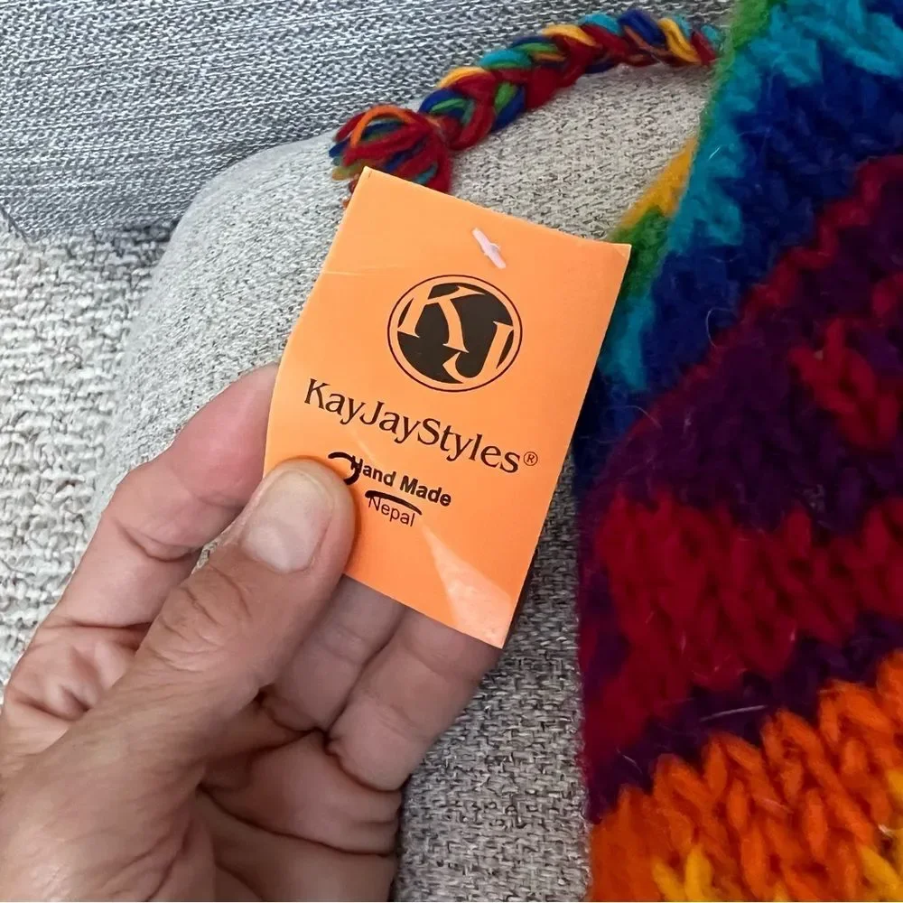 Wool Rainbow Nepal Hand Knit Ear Flaps Beanie
